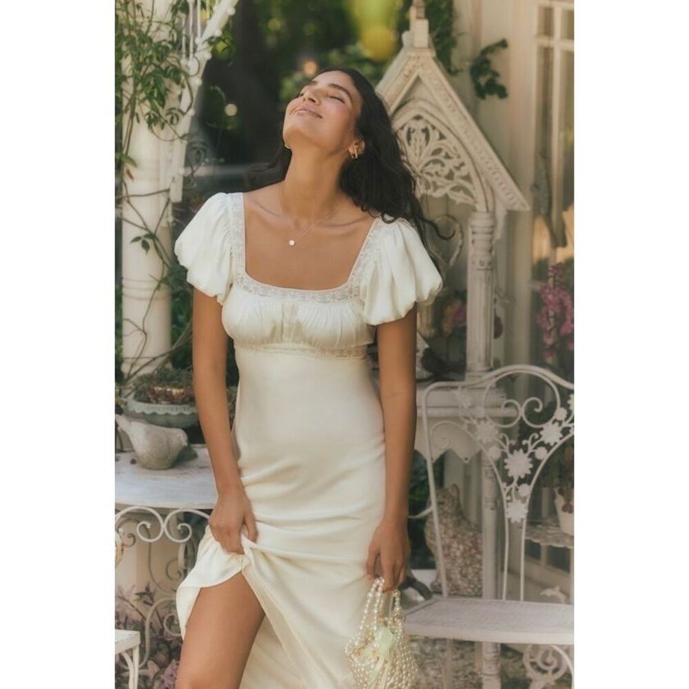 Lulus Catherine Ivory Satin Puff Sleeve Slip Midi Dress White - Size S
